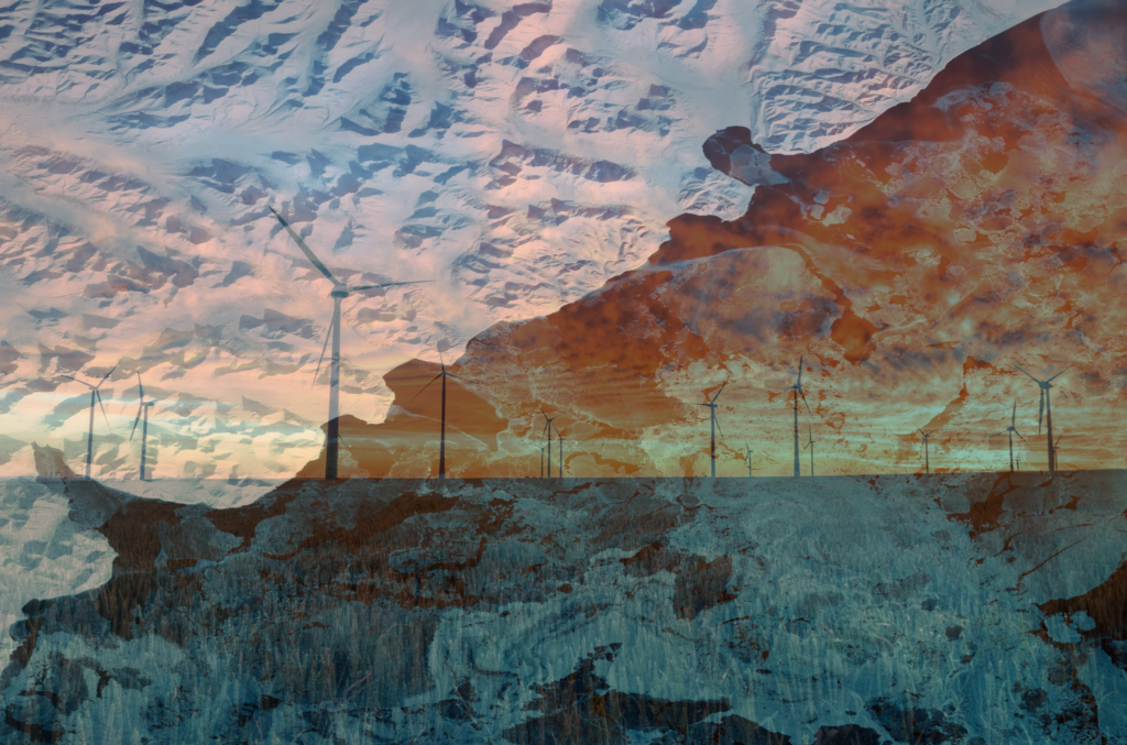 A blended image of an ice shelf and windmills depicting the hope of a cooler climate future